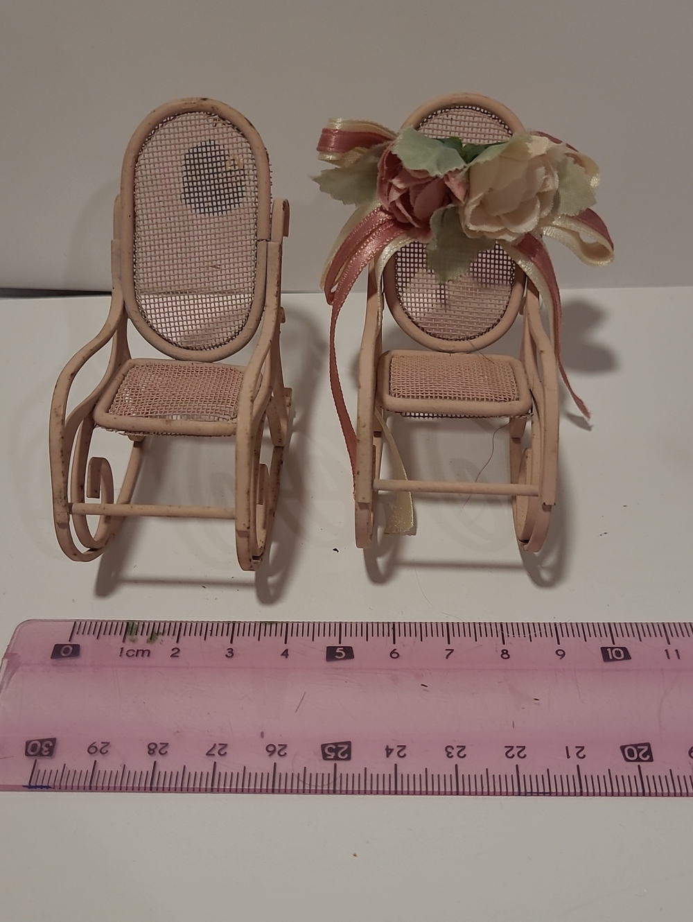 Miniature Pink Wicker Rocking Chair Pair with Floral Accent